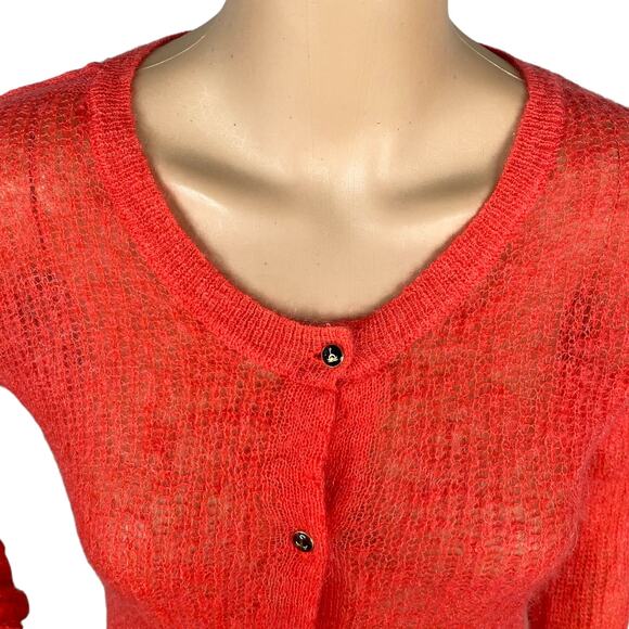 Scotch & Soda Coral Red Loose Knit Lightweight Fuzzy Mohair Cardigan SZ S/M - Picture 3 of 9